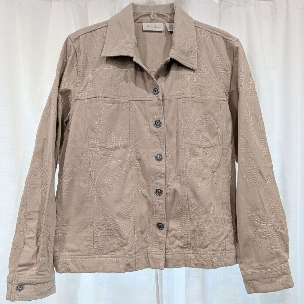 Studio Works Embroidered Jean Jacket Beige Tan Women's‎ Medium Lightweight Boho